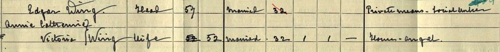1911EnglandCensusForAnnieCatherineVictoriaWing